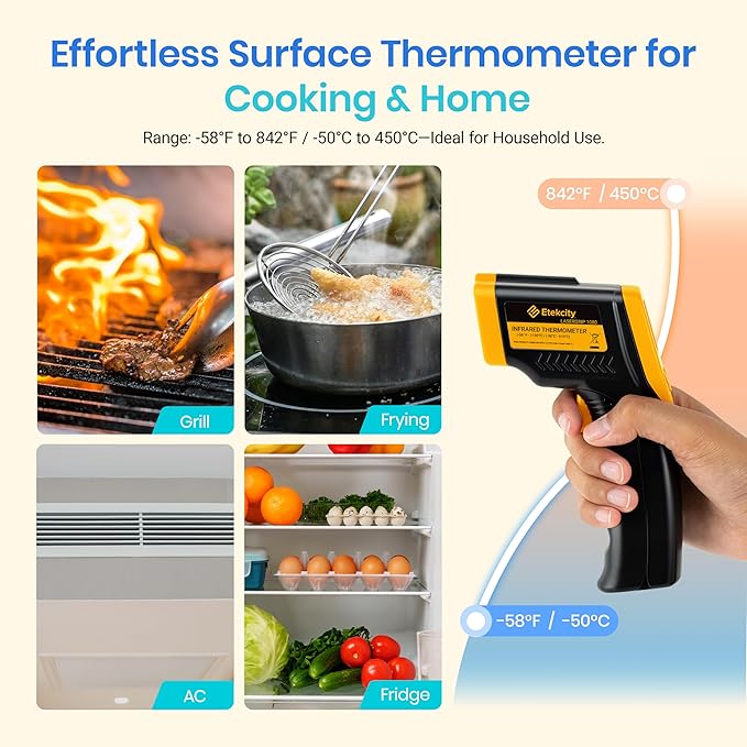 Etekcity Infrared Thermometer Laser Temperature Gun 774, Meat Food Candy Oven Thermometer for Griddle Accessories, Heat Gun for Cooking Refrigerator Tools, Adjustable Emissivity & Max Measure, Yellow - Image 3