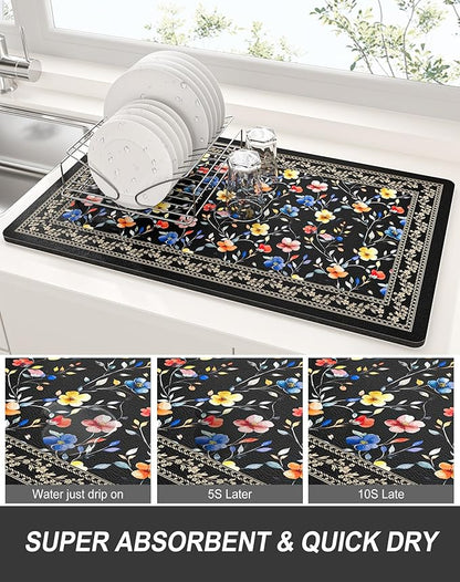 Rnivvi Dish Drying Mat for Kitchen Counter, XL 15 x 24" Cute Flower Theme Super Absorbent Drainer Pad, Non-Slip Heat Resistant Coffee Bar Mat for Coffee Machine Station Accessories,Retro Dish Rack Pad - Image 3