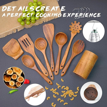 Teak Wooden Spoons for Cooking - 9 Pcs Comfort Grip Kitchen Utensil Set with Holder & Rest - Image 3