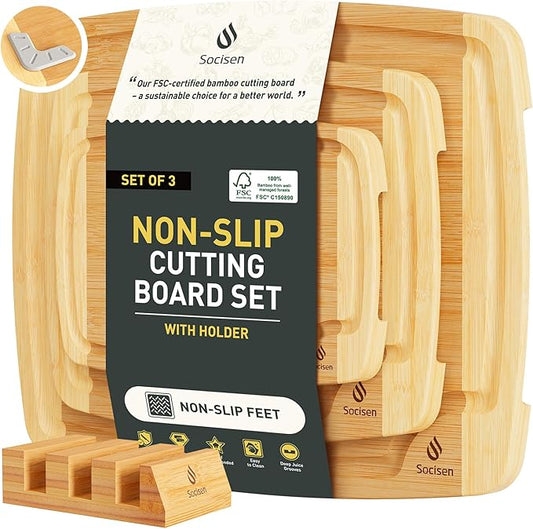 Bamboo Cutting Board Set Non Slip Feet with Holder Over Sink Tablas Para Picar Cocina Tabua Madeira Corte Carne Bambu Alimentos Cortar Madera Juego Regalos Cumpleaños Navidad Mujer Mama Abuela Papa by Socisen