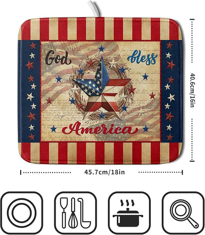 4th of July God Bless Dish Drying Mat for Kitchen Counter,American Flag Star Patriotic Independence Day Drying Mat 16 x 18 Inch with Absorbent Reversible Microfiber Drying Pad for Coffee Bar - Image 2