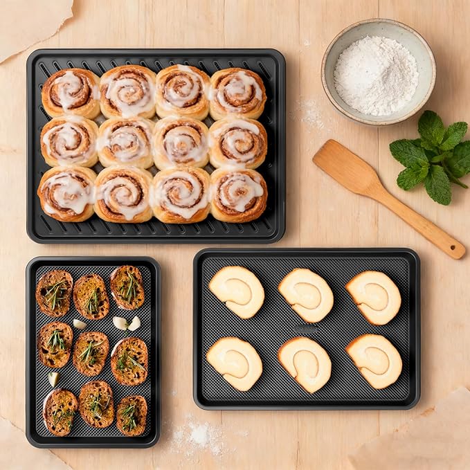 3 Pack Baking Sheet Pan Set, 0.8mm Thick Nonstick Cookie Sheets for Oven, Half/Quarter/Jelly Roll Pans for Oven, Heavy Duty Baking Trays for Oven with Diamond Texture - Image 5