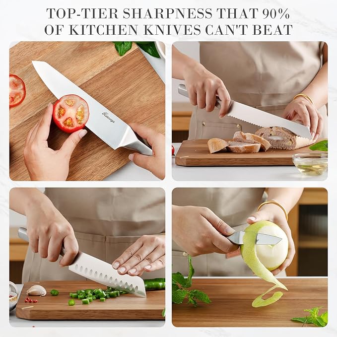 Knife Block Set, Japanese Stainless Steel Kitchen Knife Set with Built-in Sharpener, Sharp Knives with Non-slip Ergonomic Handle - Dishwasher Safe, Home Essential Gifts - Image 5