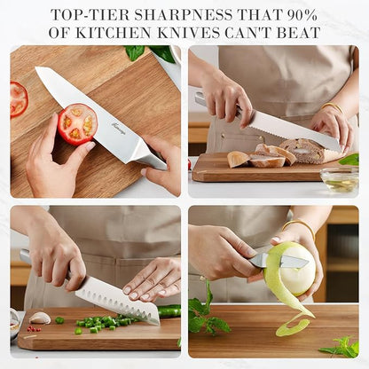 Knife Block Set, Japanese Stainless Steel Kitchen Knife Set with Built-in Sharpener, Sharp Knives with Non-slip Ergonomic Handle - Dishwasher Safe, Home Essential Gifts - Image 5