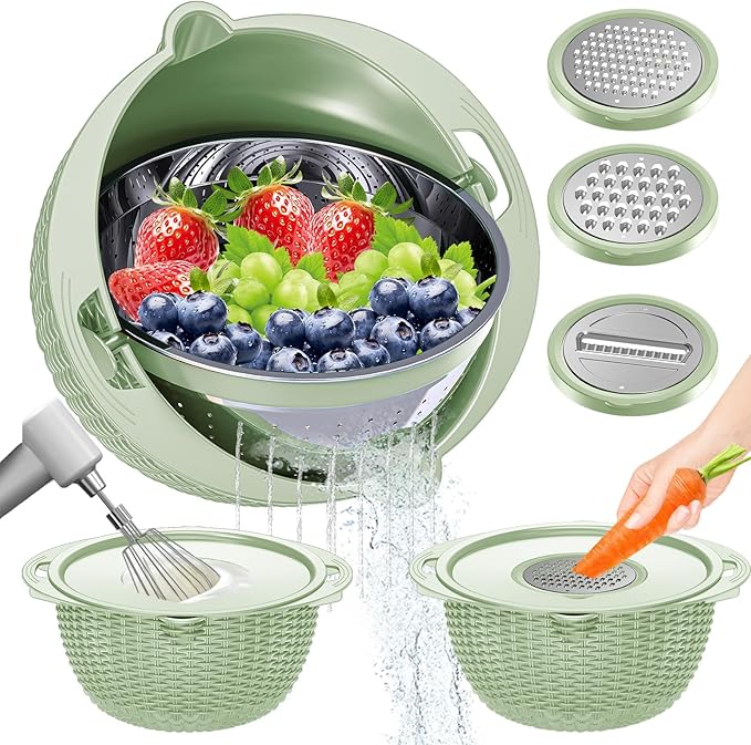 4-1 Colander with Fruit Bowl Set - Colander for Kitchen, Rotatable Strainers and Colanders(Patented), Pasta Strainer with New Upgraded Graters for Fruit, Veggie, Aesthetic Kitchen Essentials - Green by UTTKOJ