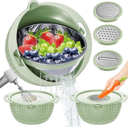 4-1 Colander with Fruit Bowl Set - Colander for Kitchen, Rotatable Strainers and Colanders(Patented), Pasta Strainer with New Upgraded Graters for Fruit, Veggie, Aesthetic Kitchen Essentials - Green by UTTKOJ