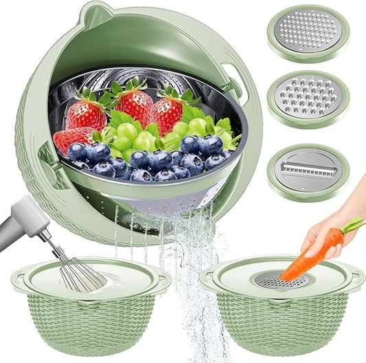 4-1 Colander with Fruit Bowl Set - Colander for Kitchen, Rotatable Strainers and Colanders(Patented), Pasta Strainer with New Upgraded Graters for Fruit, Veggie, Aesthetic Kitchen Essentials - Green by UTTKOJ