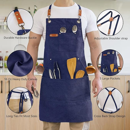 Aoomzoon Canvas Aprons for Men Chef Apron, Work Apron with Large Pockets - 16oz Heavy Duty Cross Back, BBQ, Cooking