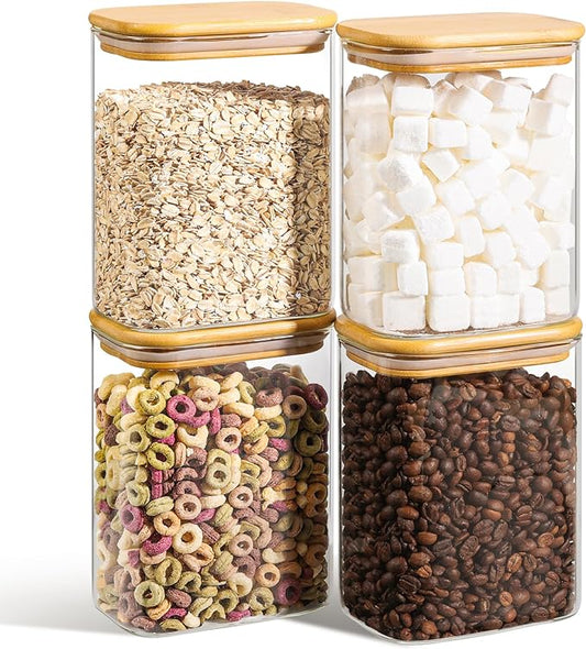 ComSaf 1.2 Qt Rectangle Glass Storage Containers with Lids, Glass Jars with Bamboo Lids, Clear Food Storage Jar, Sugar Coffee Containers, Pantry Container for Pasta Tea Candy Nut by ComSaf