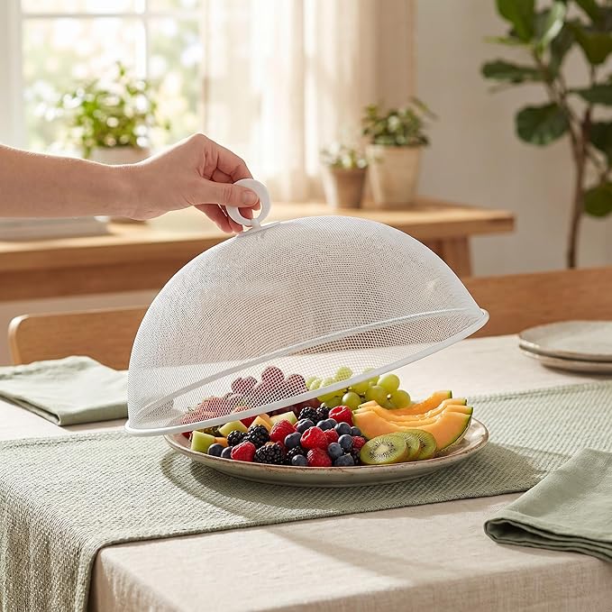 MAGICLULU 2-Pack Metal Mesh Food Covers, 11.8-Inch Net Dome Plate Fly Tents, Outdoor Plant Seedling Protectors for Picnic, BBQ, Garden and Kitchen (Black, White)