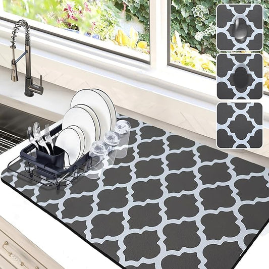 Dish Drying Mat for Kitchen Counter, 16"x24" Dish Drying Pad with Non-slip Rubber Backed, Hide Stain Anti Absorbent for Kitchen Counter, Drying Mat for Coffee Machine Dish Rack (Gray Trellis) by Etomiel