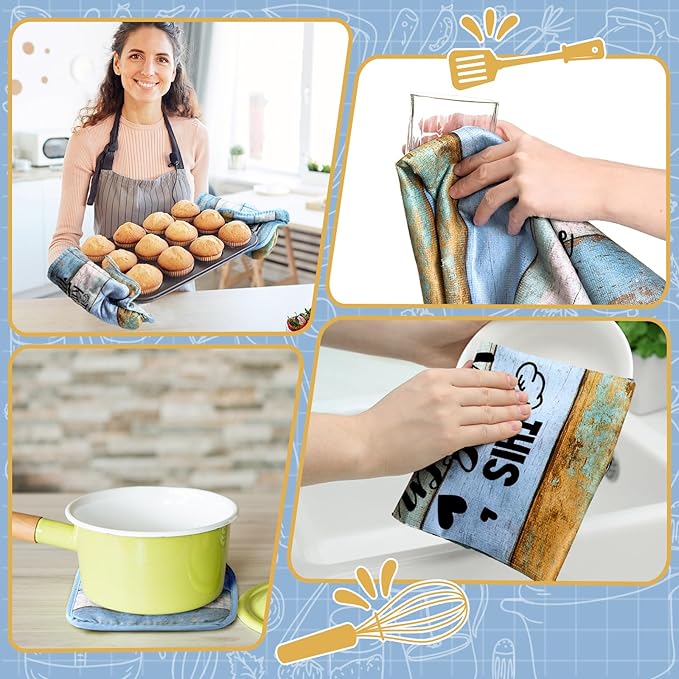 Fourluoo 10 Pcs Farmhouse Kitchen Decor and Accessories Set 4 Kitchen Towels 2 Pot Holders 2 Oven Mitts 2 Rugs for Cooking Baking Mom Housewarming Gifts(Bright Wood Grain,Classic Style) - Image 6