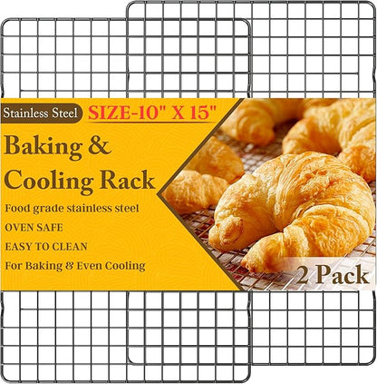 2PCS Cooling Racks for Cooking and Baking - 10" x 15"Heavy Duty Stainless Steel Wire Rack for Baking, Grilling, Roasting - Oven & Dishwasher Safe - Fits Jelly Roll Sheet Pan（Black） by QukakaHomeCare