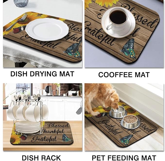 Dish Drying Mat for Kitchen Counter 2 Pack with Non-Slip Rubber Backing - Heat-Resistant Absorbent Coffee Bar Mat, Dish Rack Mat, Sunflower Dish Drying Mats 18x24+19.5x12 inch