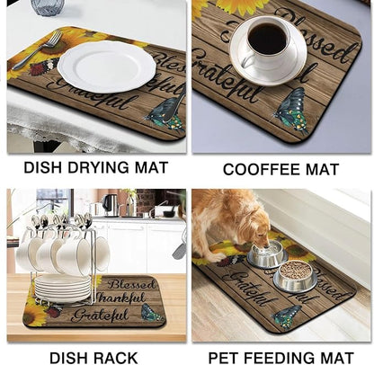 Dish Drying Mat for Kitchen Counter 2 Pack with Non-Slip Rubber Backing - Heat-Resistant Absorbent Coffee Bar Mat, Dish Rack Mat, Sunflower Dish Drying Mats 18x24+19.5x12 inch