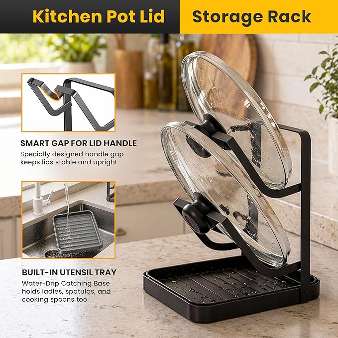 Pot Lid Holder with Removable Drip Tray, Multifunctional Double Layer Pot Lid Organizer for Countertop, Kitchen Pot Lid Storage Rack for Covers, Cutting Boards, Utensils (Grey) - Image 5
