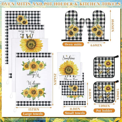 Bencailor 12 Pcs Farmhouse Sunflower Kitchen Decor and Accessories Sets 4 Black and White Check Kitchen Towels 4 Absorbent Dishcloths 2 Pot Holders 2 Oven Mitts Gloves for Home Decor Mom Gifts