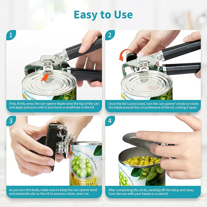Ultrean Manual Can Opener Bottle Opener, Heavy Duty Stainless Steel Smooth Edge Manual Hand Held Can Opener With Soft Touch Handle, Rust Proof Oversized Handheld Easy Turn Knob (Black) - Image 6