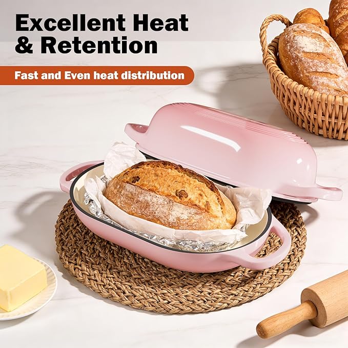 Enameled Cast Iron Sourdough Bread Oven, Dutch Oven for Bread Baking, - incl. Sourdough Bread-Baking Supplies like Banneton Bread-Proofing Basket - 5QT Loaf Cast Iron Bread Pan-Making Kit Pan, Pot, Sour Sough Tools, Lame (Pink) - Image 6
