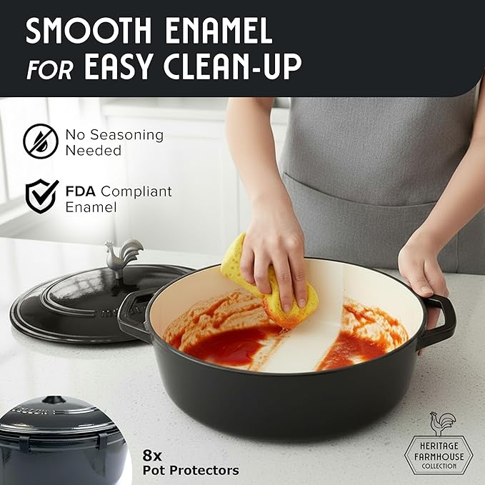 MUELLER HOME 5.5 Quart Enameled Cast Iron Oval Dutch Oven with Rooster Knob & Cotton Potholders, Heavy-Duty Cookware, Oven-Safe up to 500° F & Across All Cooktops, Gifts for Grandma & Women, Black - Image 7