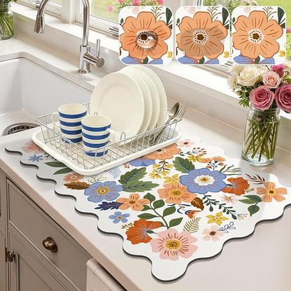 LOKHOM Scalloped Floral Dish Drying Mat, 12"x20" Super Absorbent Coffee Mat with Unique Spring Wildflowers, Cuttable Hide Stain Non-slip Drying Mat for Kitchen Counter Coffee Maker Espresso Machine by LOKHOM