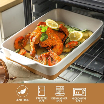 Ceramic Baking Casserole Dish with Handles, Large 9x13 inch Pan and Middle Baking Pan - Porcelain Serving Bakeware Set (Farmhouse White) - Image 4