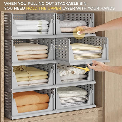 Pinkpum 8 Pack Closet Organizers and Storage Plastic Stackable Storage Bins, Foldable Drawer Shelf Storage Container for Wardrobe Kitchen Bathroom Dorm Grey - Image 3