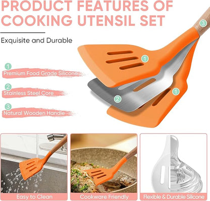 Herogo 5-Piece Cooking Utensils Set, Silicone Kitchen Utensils Set with Wooden Handle, Heat Resistant Cooking Tools Slotted Turner, Spoon, Soup Ladle, Spatula, Spoonula for Nonstick Cookware, Colorful - Image 3