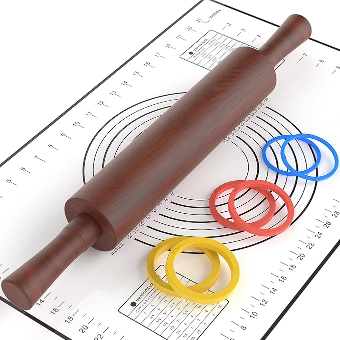Classic Wooden Rolling Pin with Handle and Pastry Mat for Fondant, Pizza, Pies, Cookies,Rolling Pin for Baking with 3 Multi-Color Thickness Rings,17" x 2.5" (Include handle) by MeppleMakeYourLifeSimple