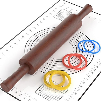 Classic Wooden Rolling Pin with Handle and Pastry Mat for Fondant, Pizza, Pies, Cookies,Rolling Pin for Baking with 3 Multi-Color Thickness Rings,17" x 2.5" (Include handle) by MeppleMakeYourLifeSimple
