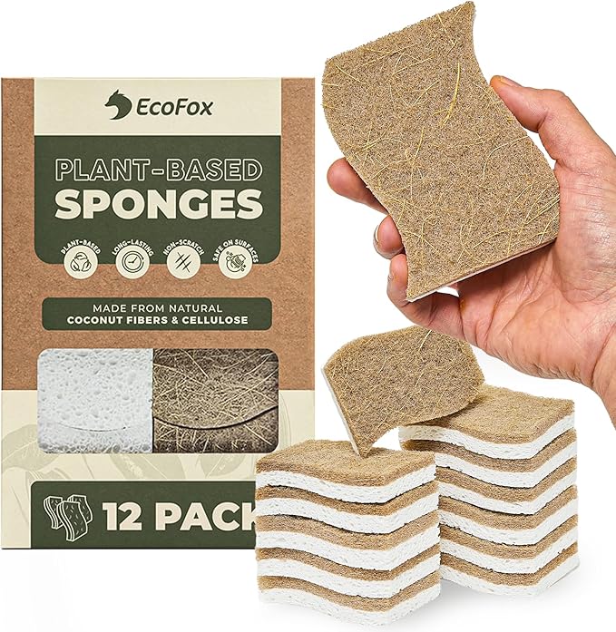 Plant-Based Kitchen Sponges (12 Pack) | USDA Biobased Certified | FSC & PETA Approved | Natural Cellulose & Coconut Scrubber Sponge | S-Shaped Design | Eco-Friendly, Non-Scratch, Non-Toxic & Vegan by EcoFox