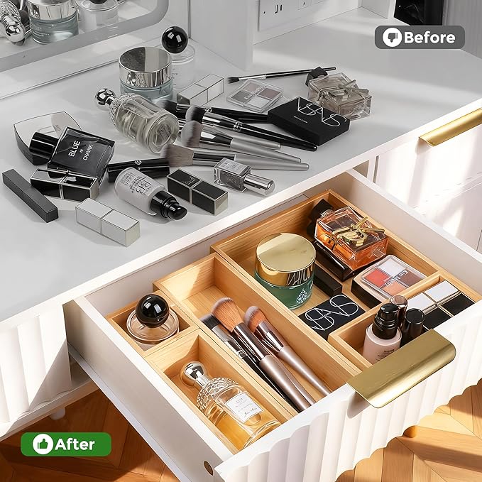 Bamboo Drawer Organizer Set, 14 PCS Multi-Use Individual Wood Storage Organizers, Junk Drawer Divider and Storage Trays Containers for Kitchen, Bathroom, Office Desk, Makeup, Jewelry, Utensils - Image 5