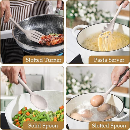LIANYU 4Pcs Kitchen Utensils Set, Food-Grade Silicone Cooking Utensils, Farmhouse Kitchen Tools for Nonstick Cookware, Include Spoon, Turner, Pasta Server, Heat Resistant, Dishwasher Safe, Khaki - Image 5