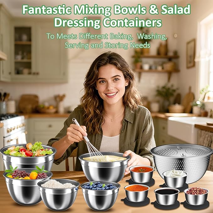 Mixing Bowls with Lids Set, 27Pcs Stainless Steel Nesting Mixing Bowls Set for Kitchen Cooking & Storage, Metal Salad Bowls with Colander, Strainer, Grater & Dressing Containers, Kitchen Gadgets Black - Image 4