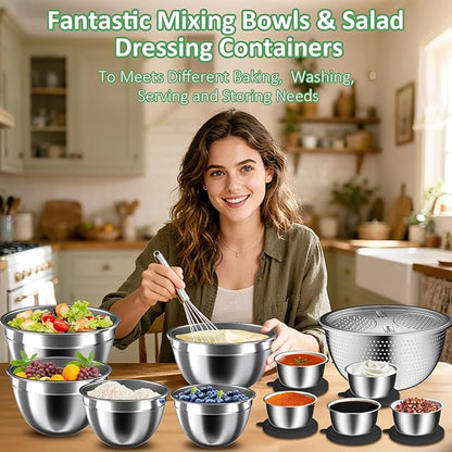Mixing Bowls with Lids Set, 27Pcs Stainless Steel Nesting Mixing Bowls Set for Kitchen Cooking & Storage, Metal Salad Bowls with Colander, Strainer, Grater & Dressing Containers, Kitchen Gadgets Black - Image 4