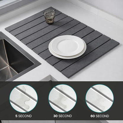 Stone Dish Drying Mat for Kitchen Counter, Easy to Clean Fast Absorbing Collapsible Quick Dry & 24” 16” (Smooth Dark Gray)