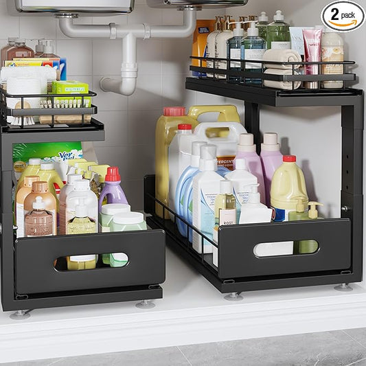 Under Sink Organizer Upgrade To Professional Rails,2-Tier Dual Pull Out Cabinet Storage,Height Adjustable Slide Out Drawers For Bathroom Kitchen,2 Pack-18.5"Dx12.8"-16.9"H,Black by UnderSinkOrganizer