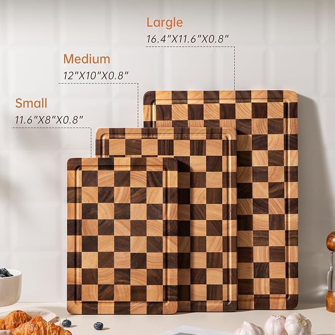 Checkered Cutting Boards for Kitchen, Wooden Cutting Board Set, Acacia Chopping Board with Juice Grooves & Handles, Butcher Block Serving Tray for Meat, Vegetables and Fruits, 3pcs - Image 2