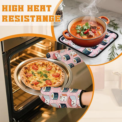 Cute Sushi Roll Japanese Oven Mitts and Pot Holders Set,Kitchen Decor Heat Resistant Non Slip Hot Pads and Oven Mitt for Chef Cooking Baking BBQ Mom Girl Gifts(4 Piece Set)