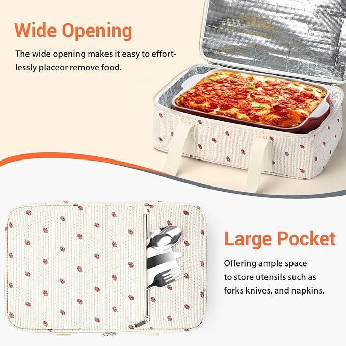 Insulated Casserole Carrier for Hot or Cold Food,Pie Carrier Bag Lunch Bag Tote for Potluck Parties/Picnic/Cookouts, Fits 9"x13" Baking Dish,Single Corduroy Strawberry