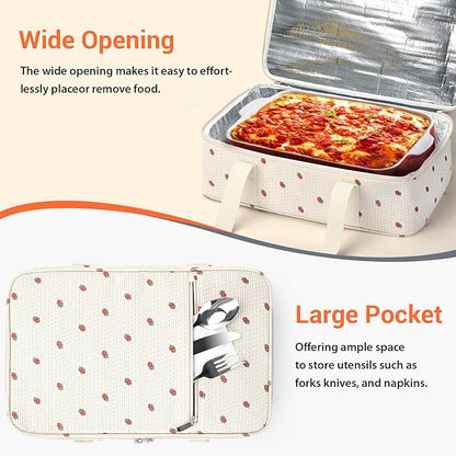 Insulated Casserole Carrier for Hot or Cold Food,Pie Carrier Bag Lunch Bag Tote for Potluck Parties/Picnic/Cookouts, Fits 9"x13" Baking Dish,Single Corduroy Strawberry