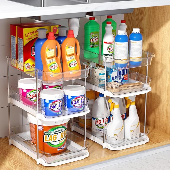 Delamu 2 Sets of 3-Tier Bathroom Under Sink Organizers and Storage, Multi-Purpose Stackable Pantry Organization and Storage, Pull Out Clear Kitchen Bathroom Cabinet Organizer with Movable Dividers | Storage, Multi-Purpose, Stackable, Pantry Organizatio... - Image 7
