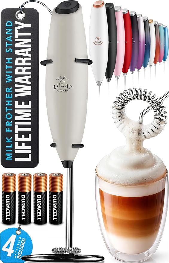 Zulay Kitchen Powerful Milk Frother Wand With 4 AA Duracell Batteries - Ultra Fast Handheld Drink Mixer - Electric Whisk Foam Maker for Coffee, Lattes, Cappuccino, Matcha & Creamer - Gray & Black by ZulayKitchen