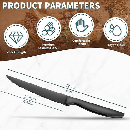 SuperCook Black Steak Knives of 12, High End Stainless Steel Steak Knives Set of 12, Dishwasher Safe Steak Knive, Serrated