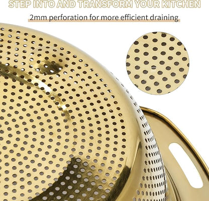 Colander 304 Stainless Steel 5-quart with Mixing Bowls, Strainer for Kitchen Food For washing vegetables, fruit, rice, Dishwasher Safe. (Gold 2PC) - Image 5