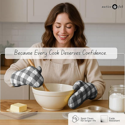Native Fab Buffalo Plaid Check Oven Mitts and Pot Holders Set of 4, 100% Cotton Heat Resistant Kitchen Gloves, 2 Oven Mitts (7x13), 2 Pot Holders (8x8) for Cooking & Baking, Steel Grey White - Image 6