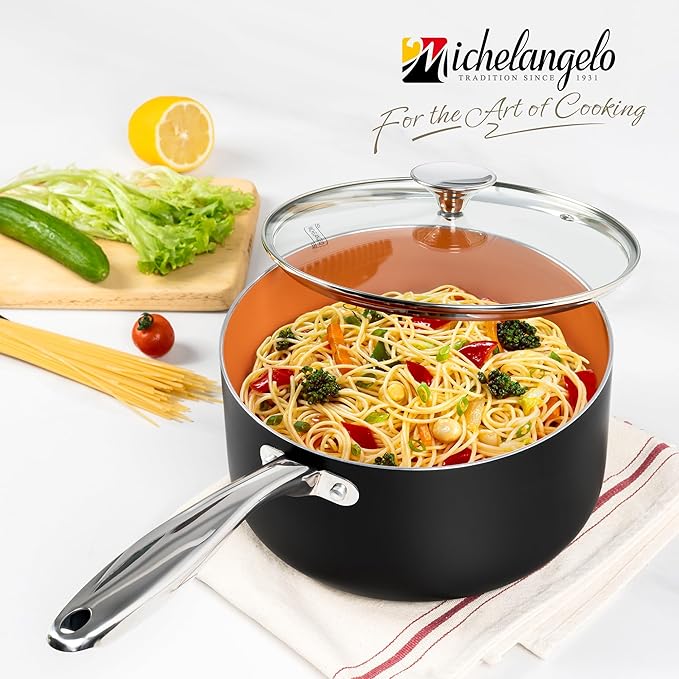 MICHELANGELO 4 Quart Saucepan with Lid - Ultra Nonstick Sauce Pan with Ceramic Coating, 4 Qt Non Stick Pot Induction Compatible, Copper - Image 5