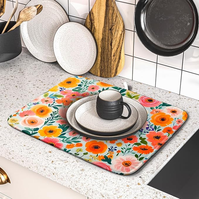 Spiral Flower Dish Drying Pad - Spring Bold Floral Printd Kitchen Countertop Cloth Pad for Home Decorative - Image 5