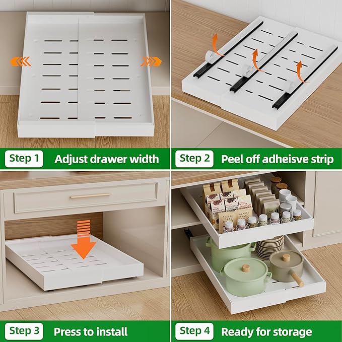 PAKETA 4 Pack Expandable Pull Out Cabinet Organizer, 21'' Deep Pull Out Drawers for Cabinet, Upgrade 3 Slide Rails Sliding Drawers for Cabinets with Adhesive Nano Film (White, 21"D X 9-14"W) - Image 6