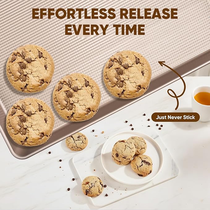 Sakerplus Nonstick Baking Sheet Pan Set of 3, Heavy Duty Cookie Sheets for Oven with Stripe Texture Pattern, 0.6mm Thick Quarter/Half/Jelly Roll Pans, Rust-Resistant & Easy Clean (Champagne Gold) - Image 7
